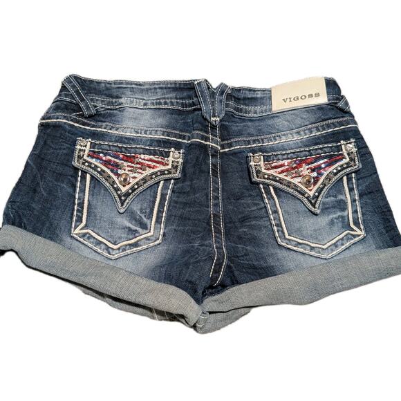 Vigoss Denim Cut Off Shorts American Flag Bling Y2K Pockets Womens Size 9-10 - Picture 1 of 7